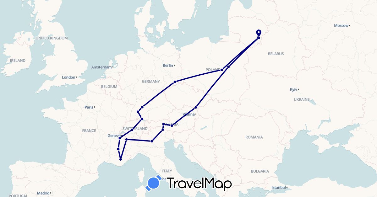 TravelMap itinerary: driving in Austria, Switzerland, Germany, France, Italy, Lithuania, Poland (Europe)